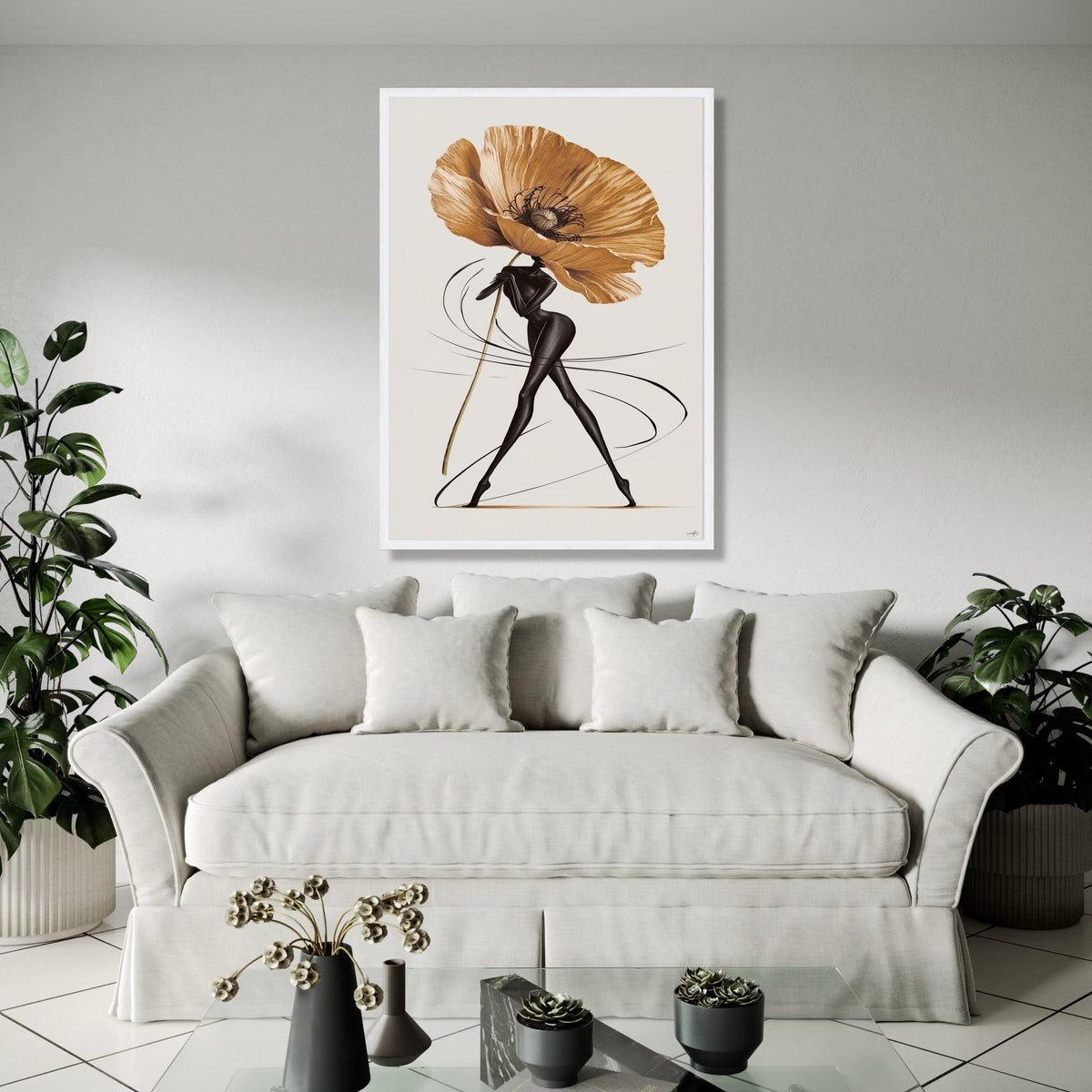Elegant Abstract Woman with Giant Flower Canvas, Modern Floral Art, Contemporary Figurative Wall Art, Chic Home Gift Art, Home Decor, Print