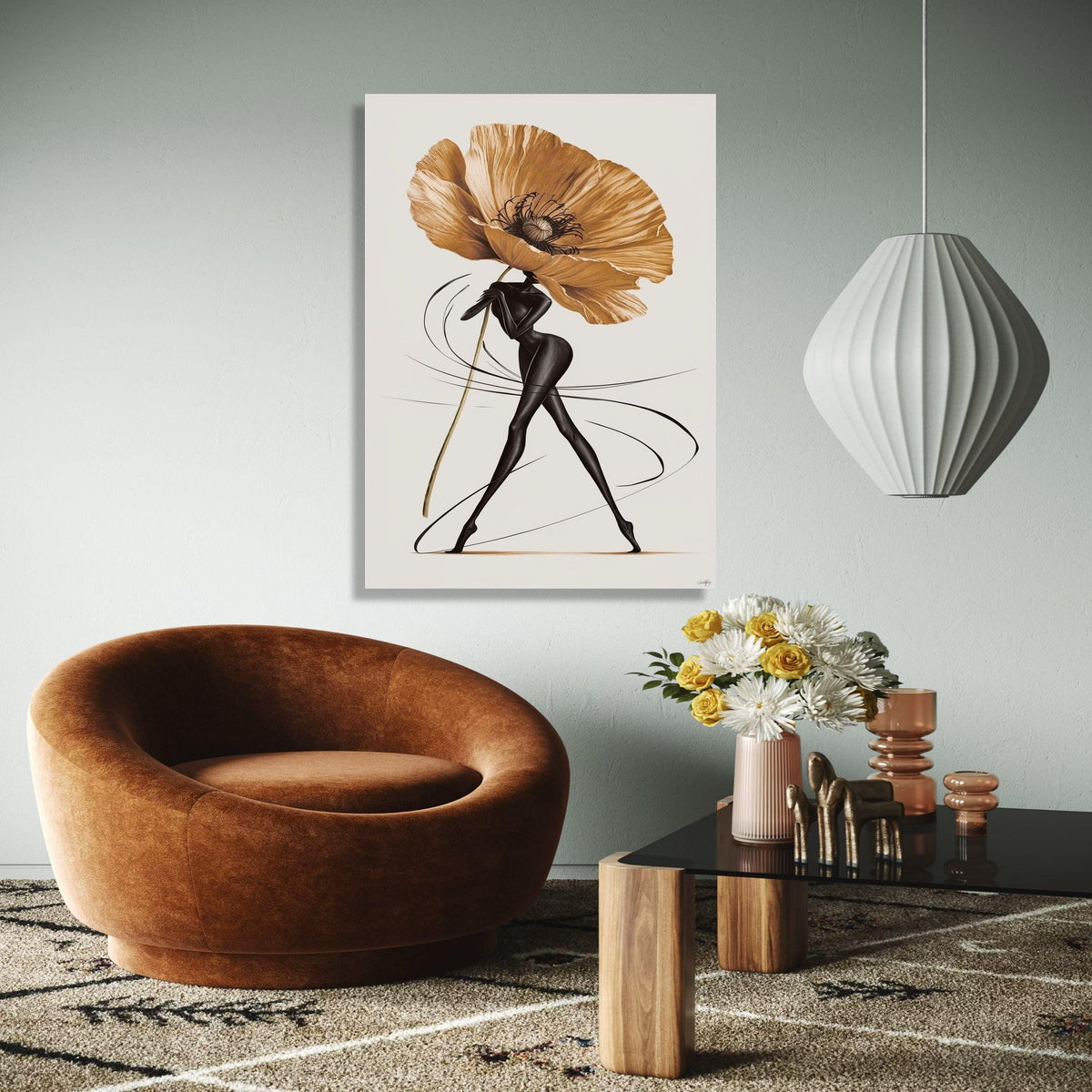 Elegant Abstract Woman with Giant Flower Canvas, Modern Floral Art, Contemporary Figurative Wall Art, Chic Home Gift Art, Home Decor, Print