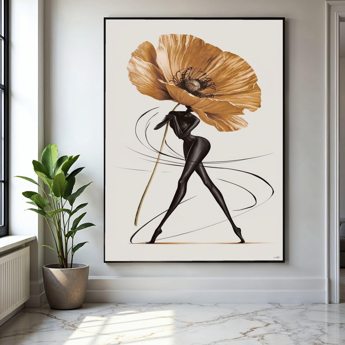 Elegant Abstract Woman with Giant Flower Canvas, Modern Floral Art, Contemporary Figurative Wall Art, Chic Home Gift Art, Home Decor, Print