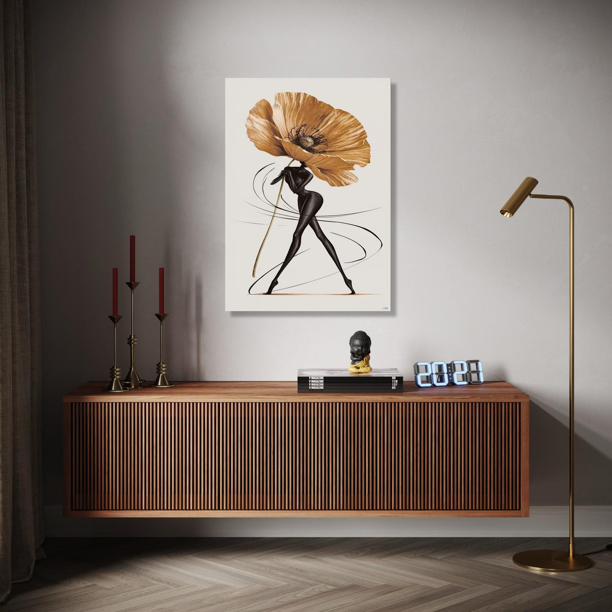 Elegant Abstract Woman with Giant Flower Canvas, Modern Floral Art, Contemporary Figurative Wall Art, Chic Home Gift Art, Home Decor, Print