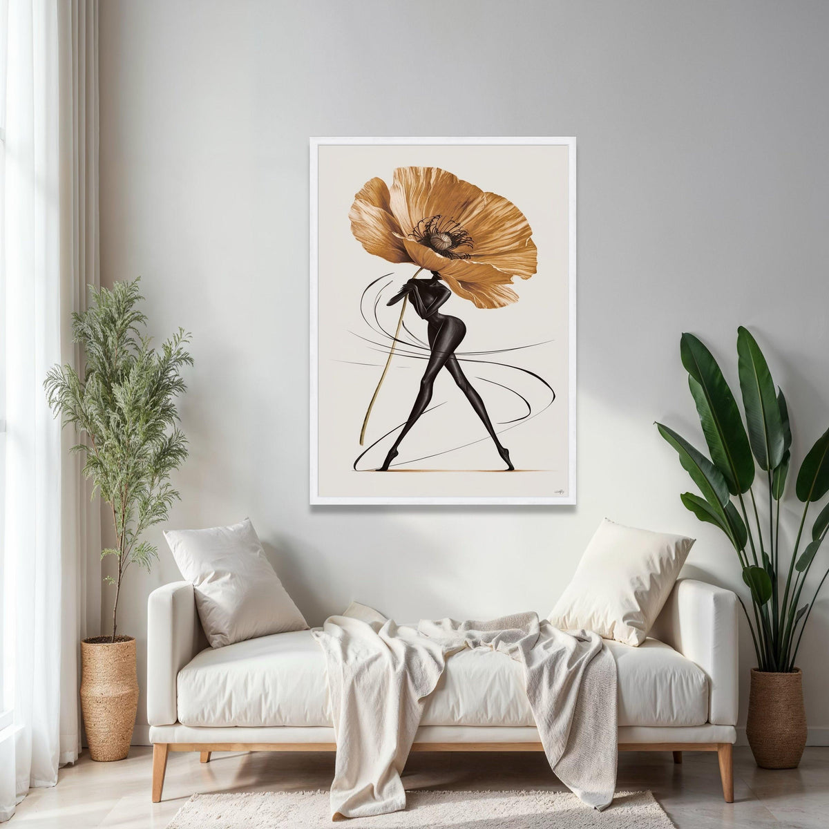 Elegant Abstract Woman with Giant Flower Canvas, Modern Floral Art, Contemporary Figurative Wall Art, Chic Home Gift Art, Home Decor, Print