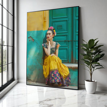 Vibrant Frida Inspired Woman, Colorful Vintage Dress Canvas, Bohemian Wall Art, Floral Headpiece Portrait, Home Gift Art, Home Decor, Print