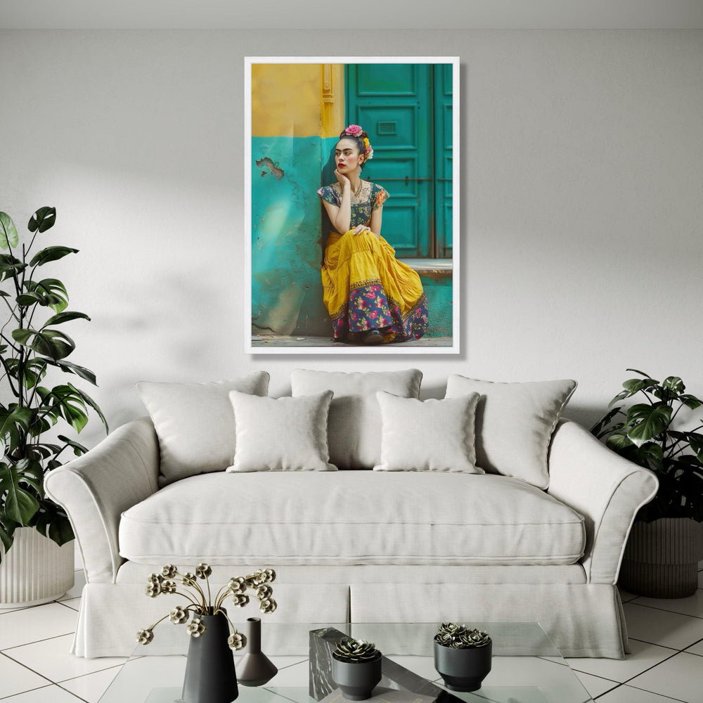 Vibrant Frida Inspired Woman, Colorful Vintage Dress Canvas, Bohemian Wall Art, Floral Headpiece Portrait, Home Gift Art, Home Decor, Print