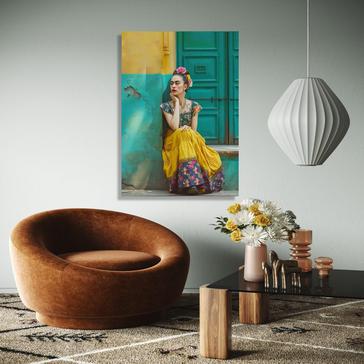 Vibrant Frida Inspired Woman, Colorful Vintage Dress Canvas, Bohemian Wall Art, Floral Headpiece Portrait, Home Gift Art, Home Decor, Print