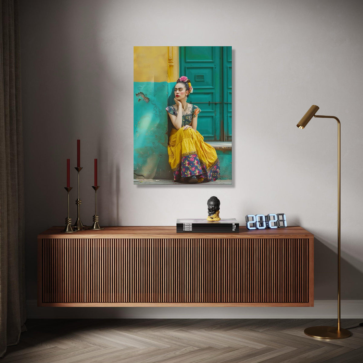 Vibrant Frida Inspired Woman, Colorful Vintage Dress Canvas, Bohemian Wall Art, Floral Headpiece Portrait, Home Gift Art, Home Decor, Print
