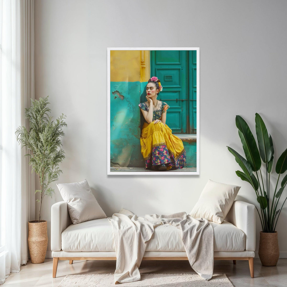 Vibrant Frida Inspired Woman, Colorful Vintage Dress Canvas, Bohemian Wall Art, Floral Headpiece Portrait, Home Gift Art, Home Decor, Print
