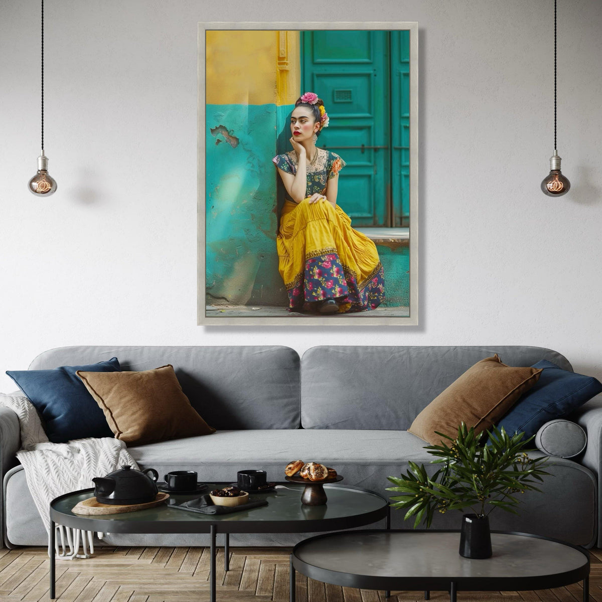 Vibrant Frida Inspired Woman, Colorful Vintage Dress Canvas, Bohemian Wall Art, Floral Headpiece Portrait, Home Gift Art, Home Decor, Print
