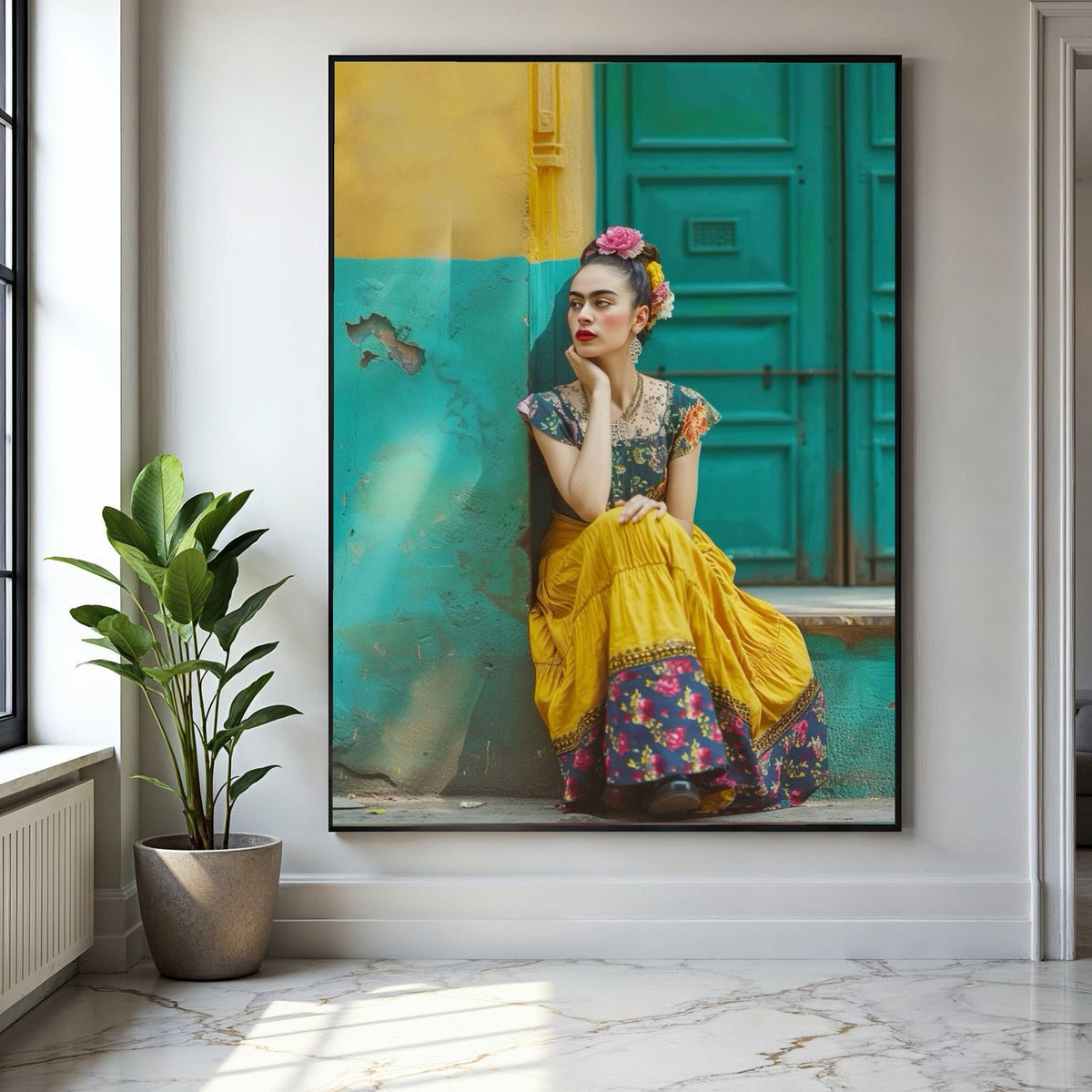 Vibrant Frida Inspired Woman, Colorful Vintage Dress Canvas, Bohemian Wall Art, Floral Headpiece Portrait, Home Gift Art, Home Decor, Print