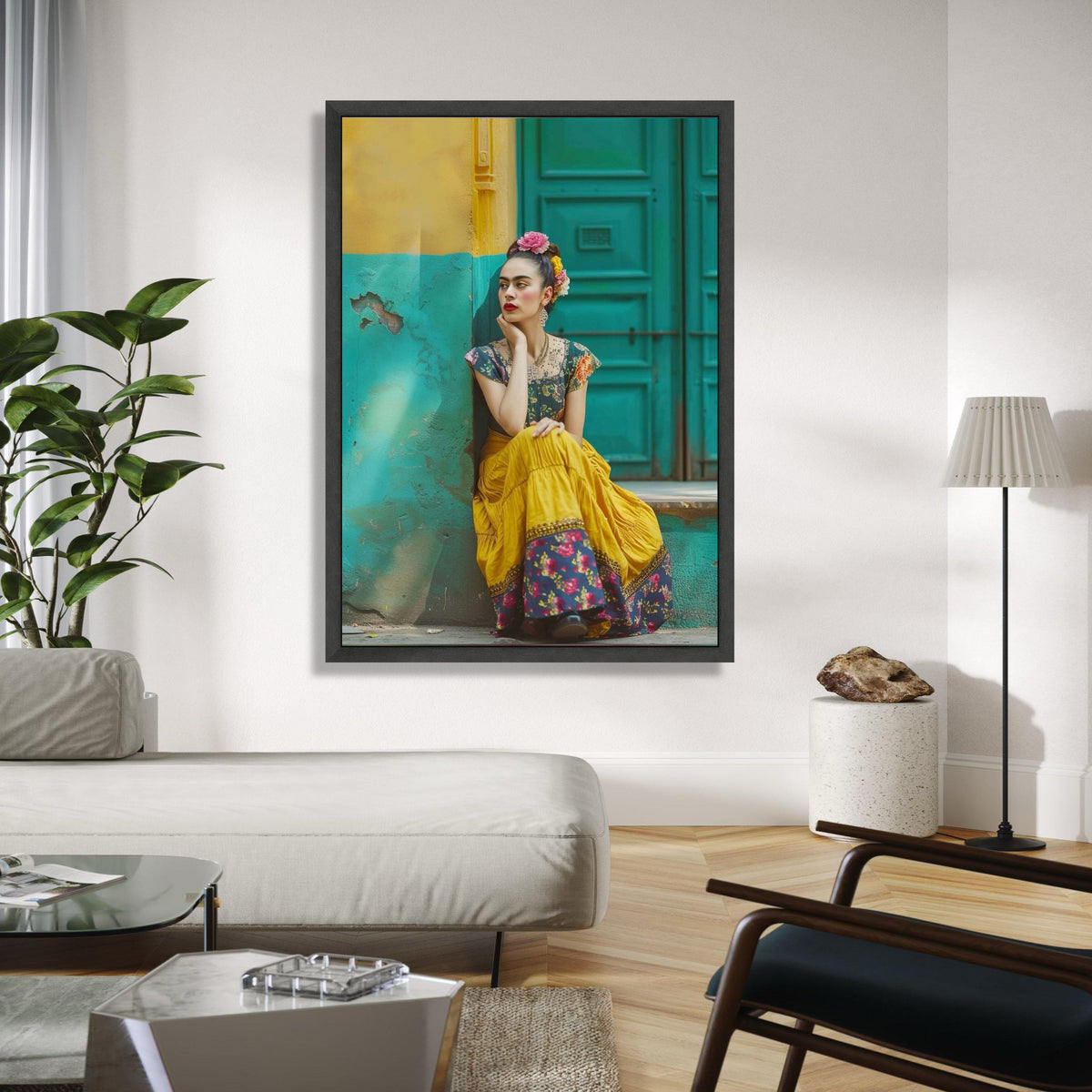 Vibrant Frida Inspired Woman, Colorful Vintage Dress Canvas, Bohemian Wall Art, Floral Headpiece Portrait, Home Gift Art, Home Decor, Print