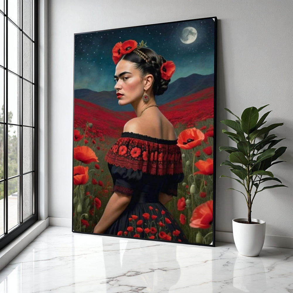 Frida Inspired Woman Portrait Canvas, Red Poppy Field Wall Art, Ethnic Floral Decoration, Night Sky Moon Canvas, Gift Art, Home Decor, Print