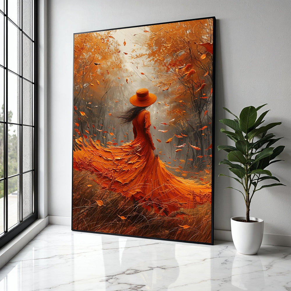 Autumn Woman in Flowing Dress Canvas, Fall Leaves Wall Art, Orange Forest Scene, Nature Inspired Canvas Gift Art, Home Decor, Print