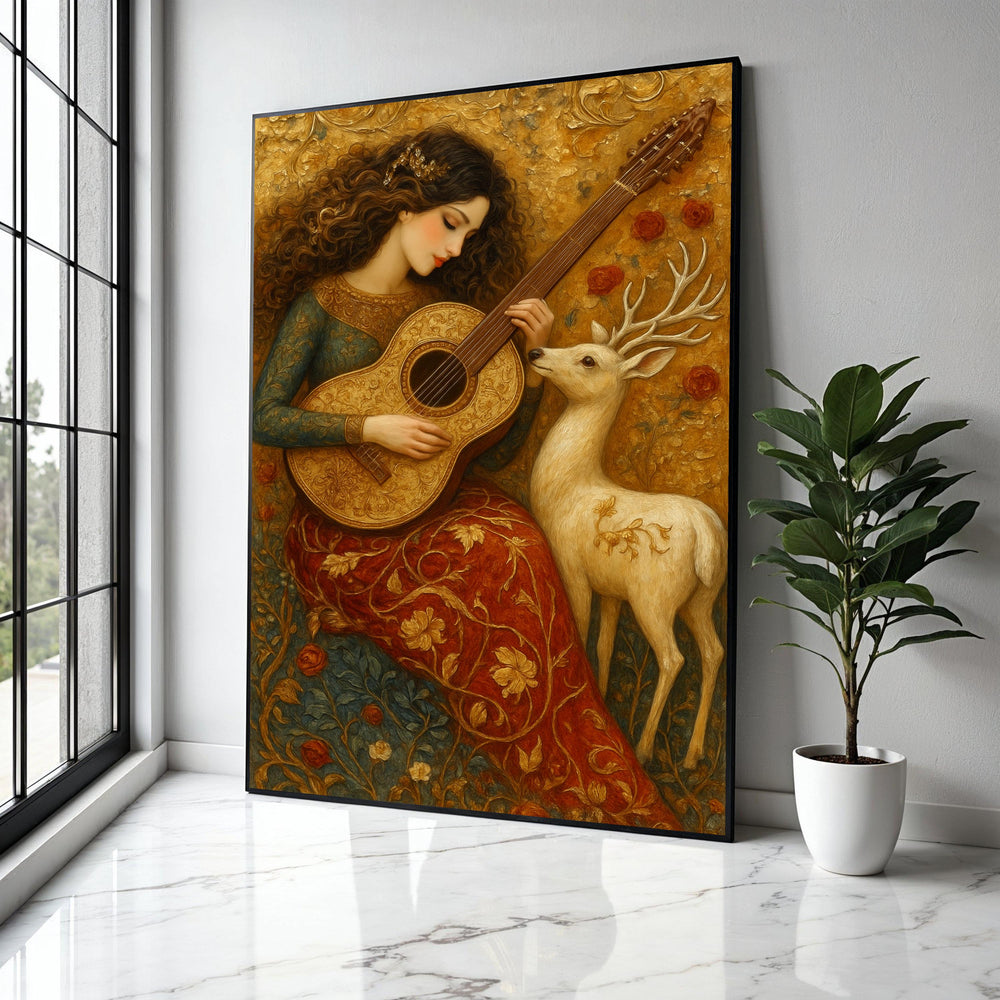 Elegant Woman Playing Guitar Canvas, Mystical Deer Wall Art, Floral Gold Embroidery, Romantic Music Scene Gift Art, Home Decor, Print