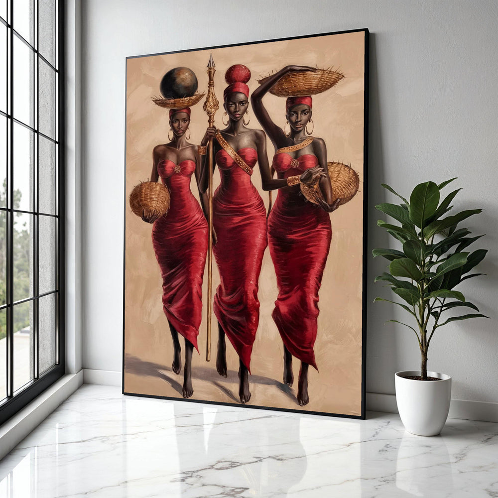 Elegant African Women in Red Dresses Canvas, Cultural Figurative Wall Art, Ethnic Home Decor, Contemporary Gift Art, Home Decor, Print