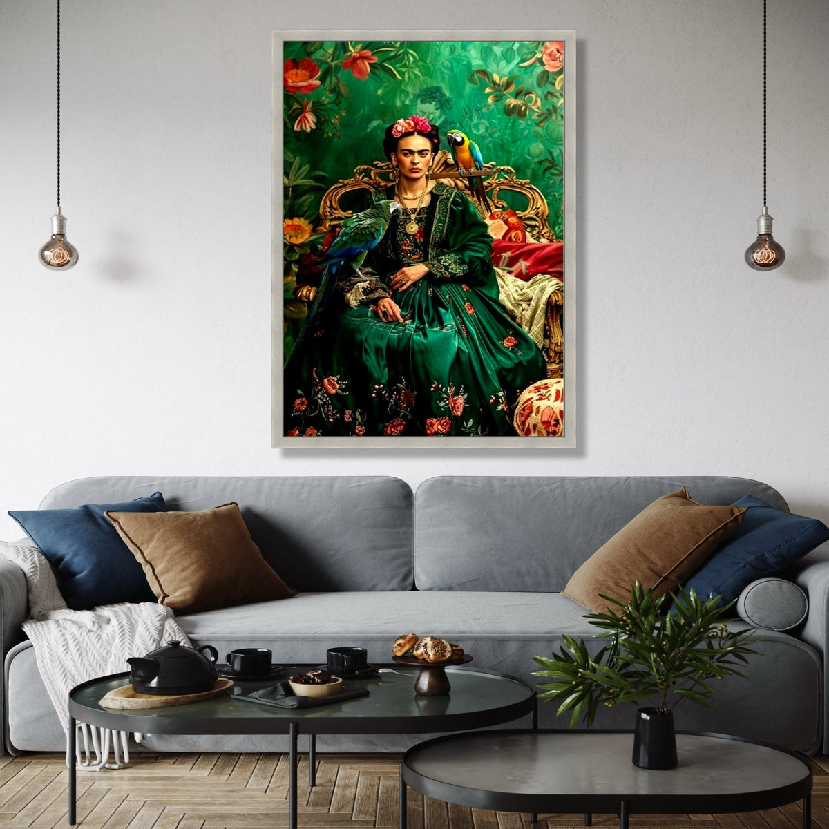 Frida Kahlo Inspired Portrait Canvas, Vibrant Green Floral Dress, Parrot Wall Art, Mexican Folk Art Canvas, Gift Art, Home Decor, Print