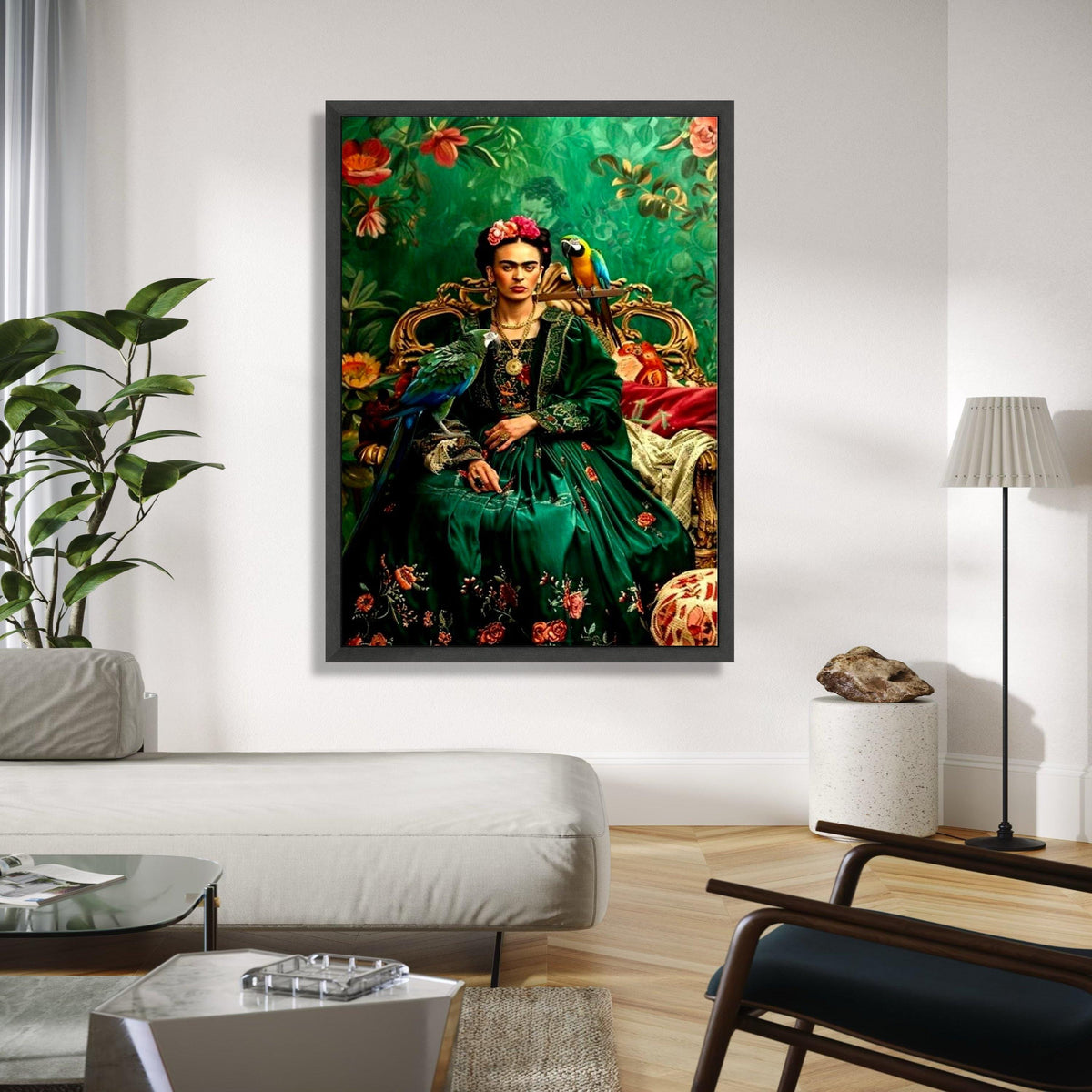 Frida Kahlo Inspired Portrait Canvas, Vibrant Green Floral Dress, Parrot Wall Art, Mexican Folk Art Canvas, Gift Art, Home Decor, Print