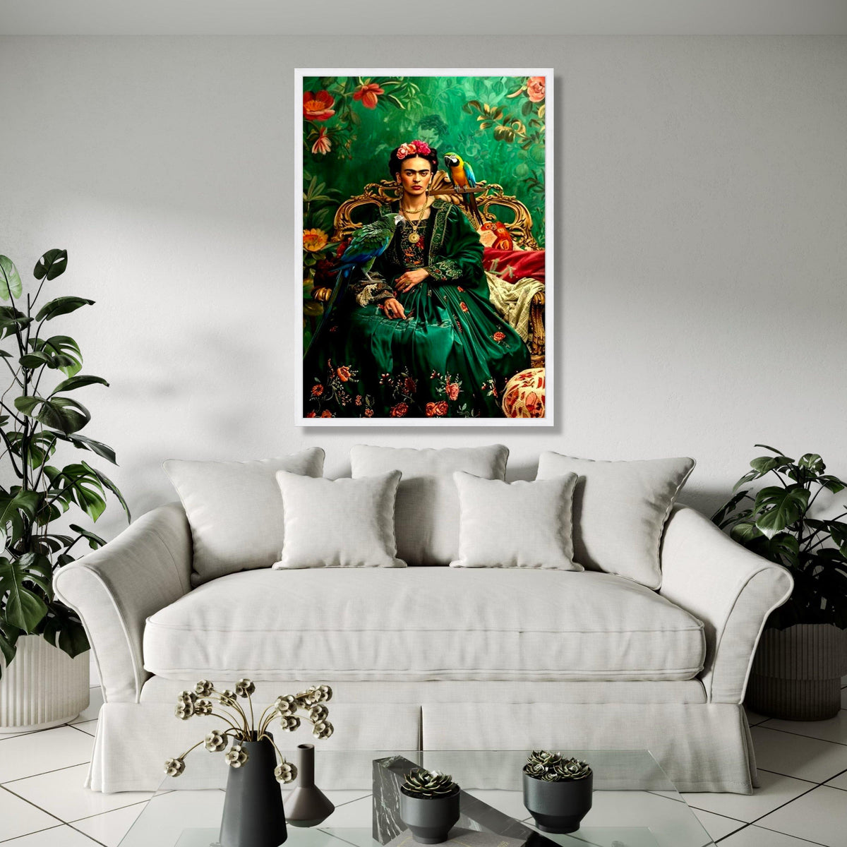 Frida Kahlo Inspired Portrait Canvas, Vibrant Green Floral Dress, Parrot Wall Art, Mexican Folk Art Canvas, Gift Art, Home Decor, Print