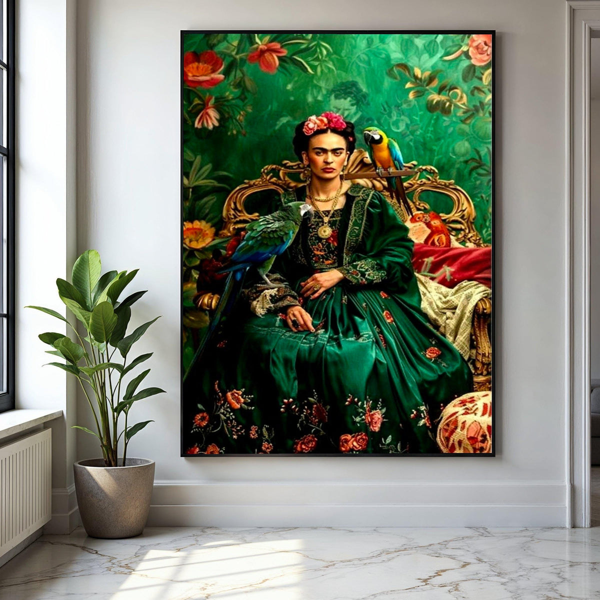 Frida Kahlo Inspired Portrait Canvas, Vibrant Green Floral Dress, Parrot Wall Art, Mexican Folk Art Canvas, Gift Art, Home Decor, Print
