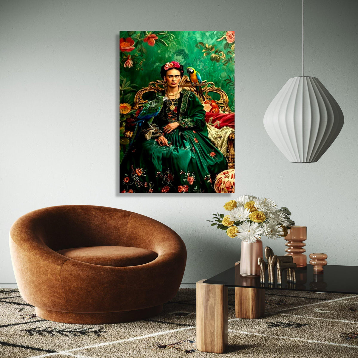Frida Kahlo Inspired Portrait Canvas, Vibrant Green Floral Dress, Parrot Wall Art, Mexican Folk Art Canvas, Gift Art, Home Decor, Print