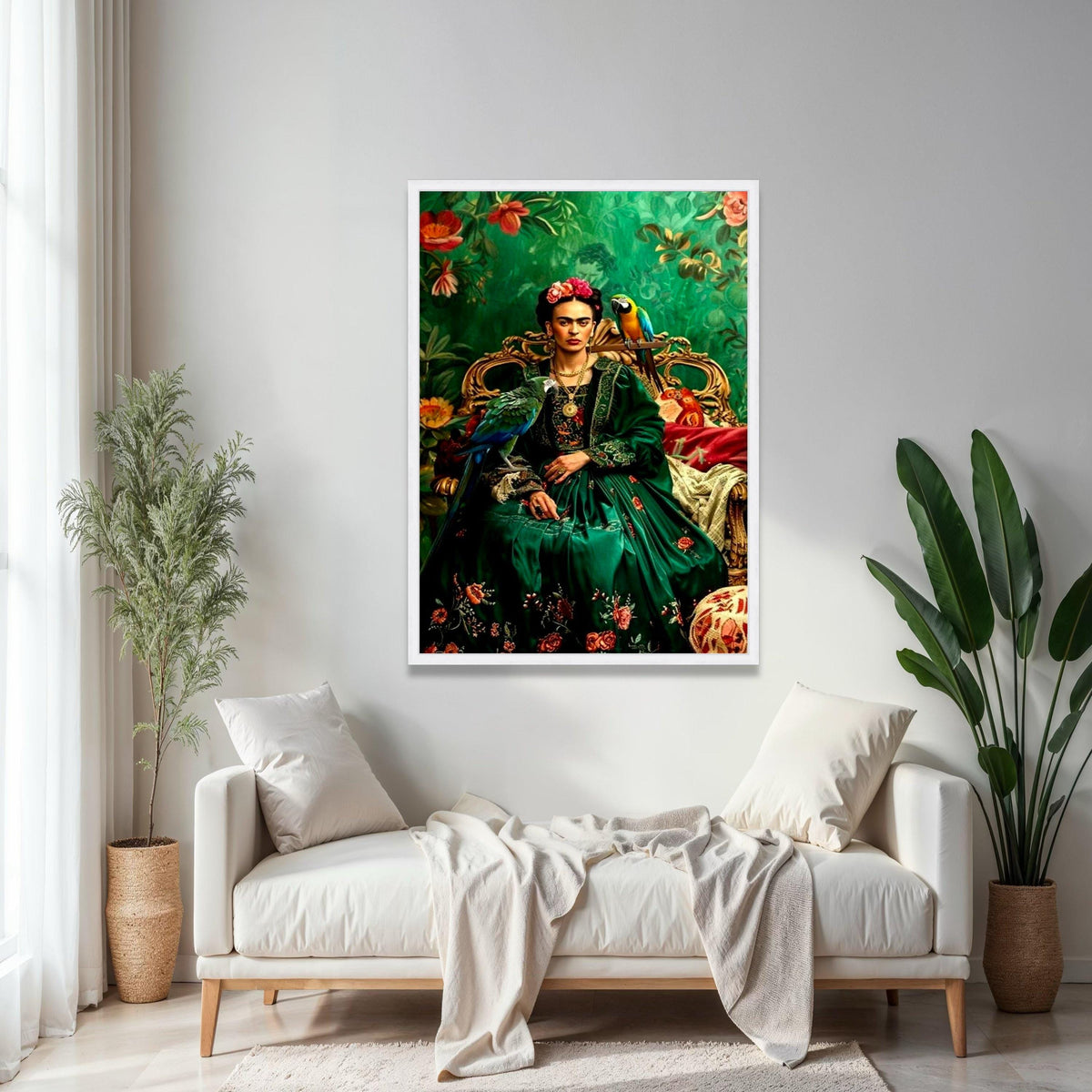Frida Kahlo Inspired Portrait Canvas, Vibrant Green Floral Dress, Parrot Wall Art, Mexican Folk Art Canvas, Gift Art, Home Decor, Print