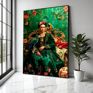 Frida Kahlo Inspired Portrait Canvas, Vibrant Green Floral Dress, Parrot Wall Art, Mexican Folk Art Canvas, Gift Art, Home Decor, Print