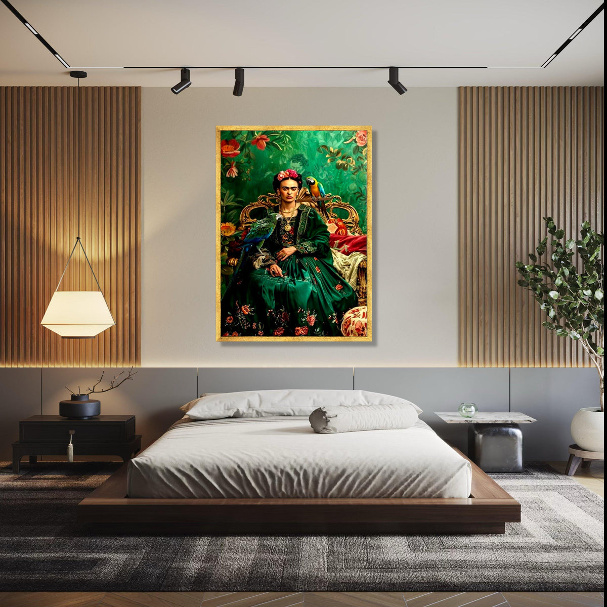 Frida Kahlo Inspired Portrait Canvas, Vibrant Green Floral Dress, Parrot Wall Art, Mexican Folk Art Canvas, Gift Art, Home Decor, Print