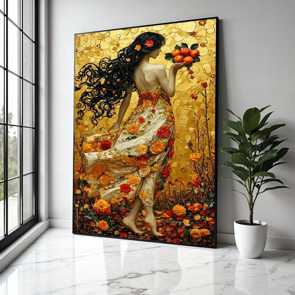 Elegant Woman with Flowing Hair and Floral Dress, Autumn Roses Canvas Wall Art, Golden Background Painting, Gift Art, Home Decor, Print