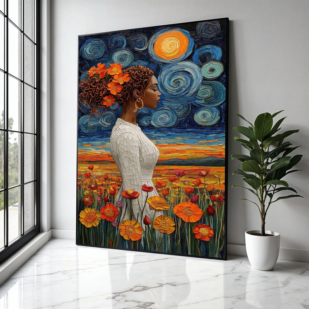 Elegant African Woman Canvas, Floral Hair Art, Starry Night Sky Canvas, Vibrant Sunset Field, Colorful Flower Gift Art, Home Decor, Print