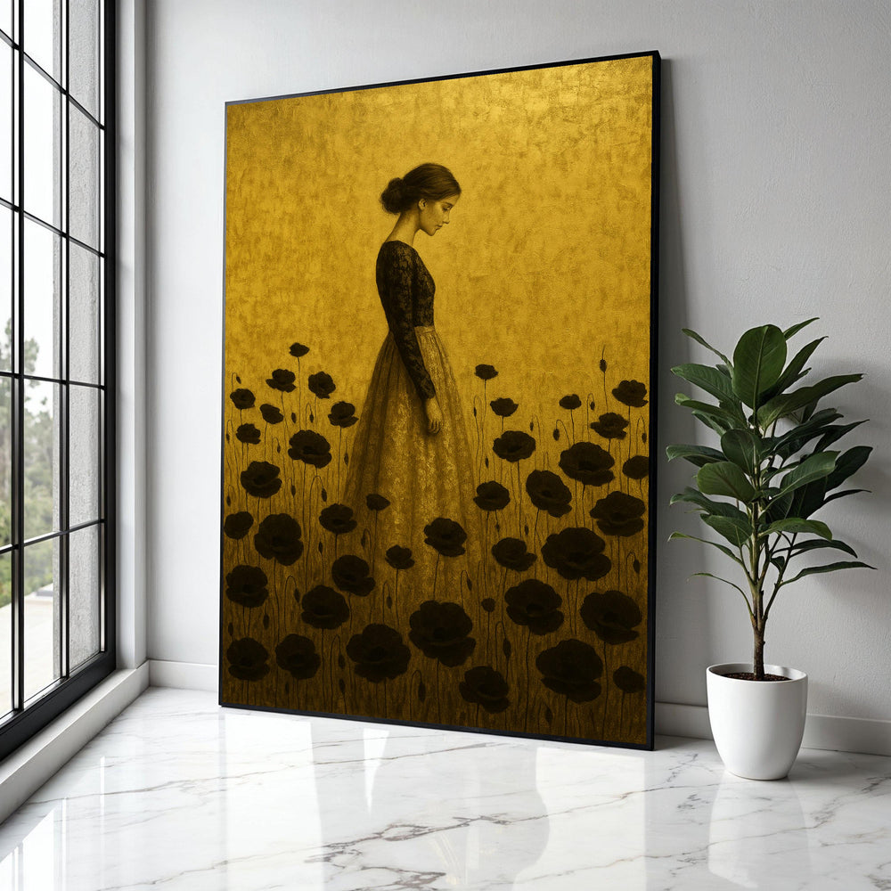 Elegant Woman in Black Lace Dress, Golden Floral Field Canvas, Vintage Style Wall Art, Romantic Poppy Flowers Gift Art, Home Decor, Print