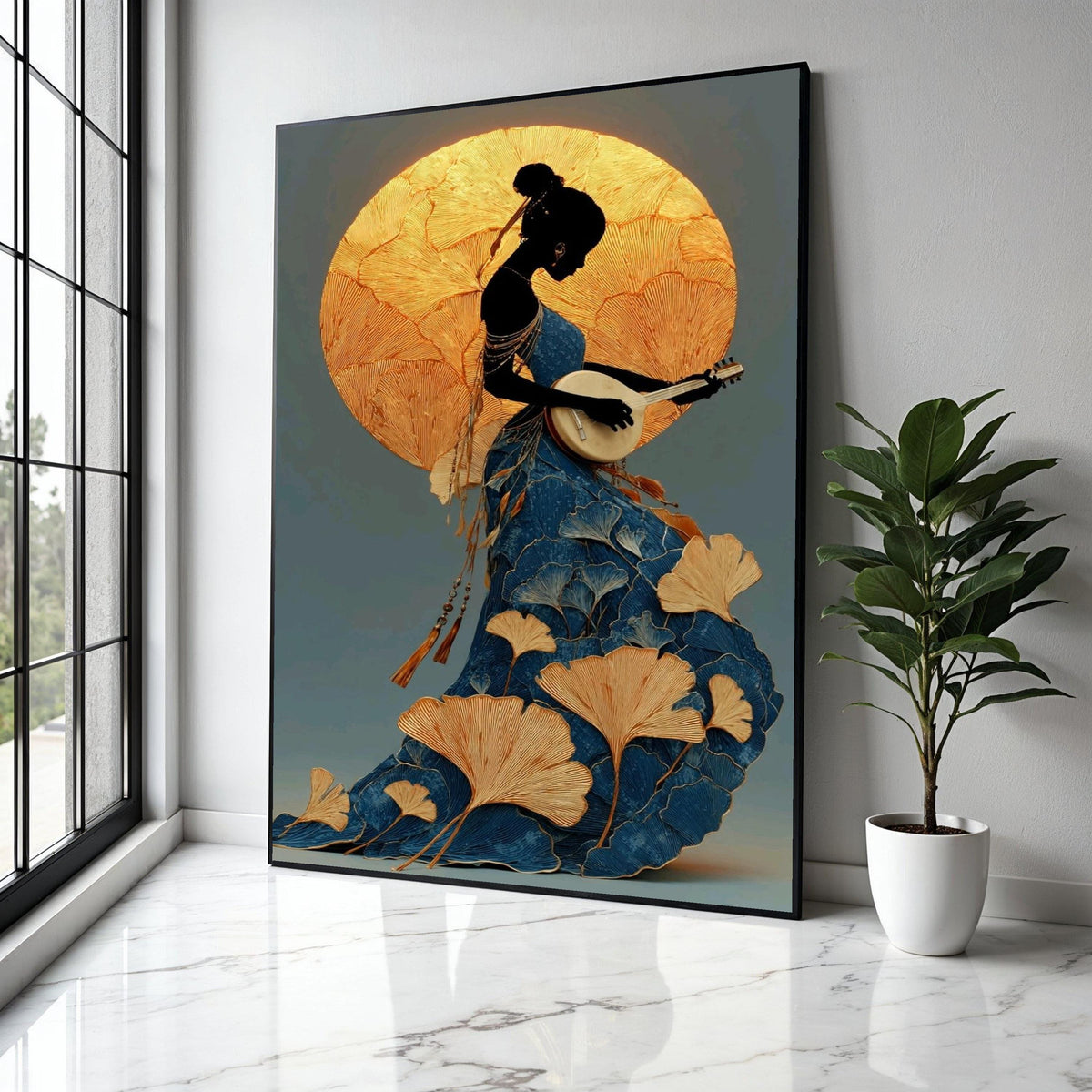 Elegant Silhouette Woman Playing Guitar Canvas, Artistic Floral Dress Wall Art, Gold and Blue Decorative Canvas, Gift Art, Home Decor, Print