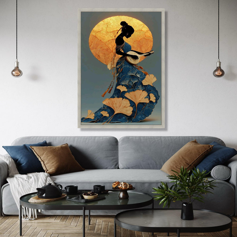 Elegant Silhouette Woman Playing Guitar Canvas, Artistic Floral Dress Wall Art, Gold and Blue Decorative Canvas, Gift Art, Home Decor, Print