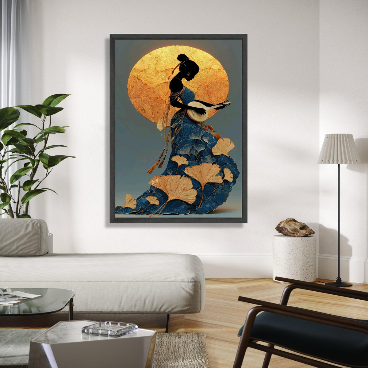 Elegant Silhouette Woman Playing Guitar Canvas, Artistic Floral Dress Wall Art, Gold and Blue Decorative Canvas, Gift Art, Home Decor, Print