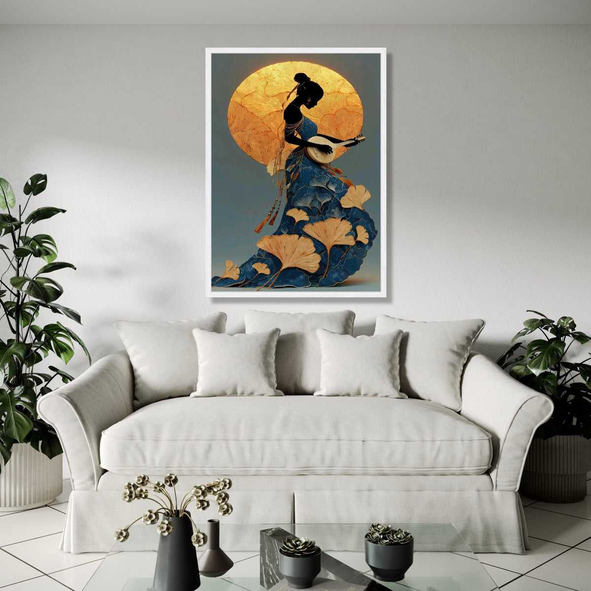 Elegant Silhouette Woman Playing Guitar Canvas, Artistic Floral Dress Wall Art, Gold and Blue Decorative Canvas, Gift Art, Home Decor, Print