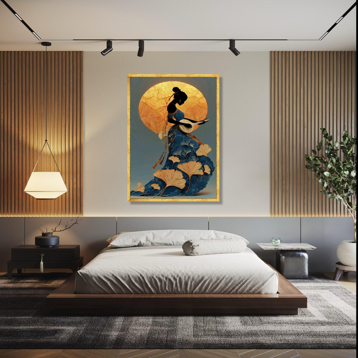 Elegant Silhouette Woman Playing Guitar Canvas, Artistic Floral Dress Wall Art, Gold and Blue Decorative Canvas, Gift Art, Home Decor, Print