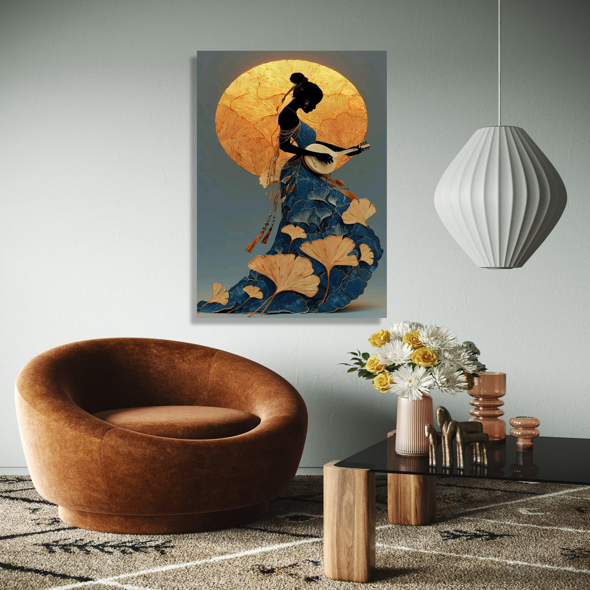 Elegant Silhouette Woman Playing Guitar Canvas, Artistic Floral Dress Wall Art, Gold and Blue Decorative Canvas, Gift Art, Home Decor, Print