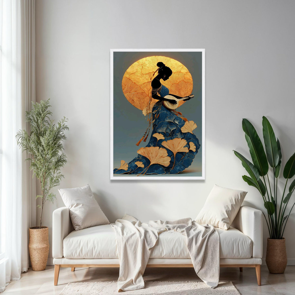Elegant Silhouette Woman Playing Guitar Canvas, Artistic Floral Dress Wall Art, Gold and Blue Decorative Canvas, Gift Art, Home Decor, Print