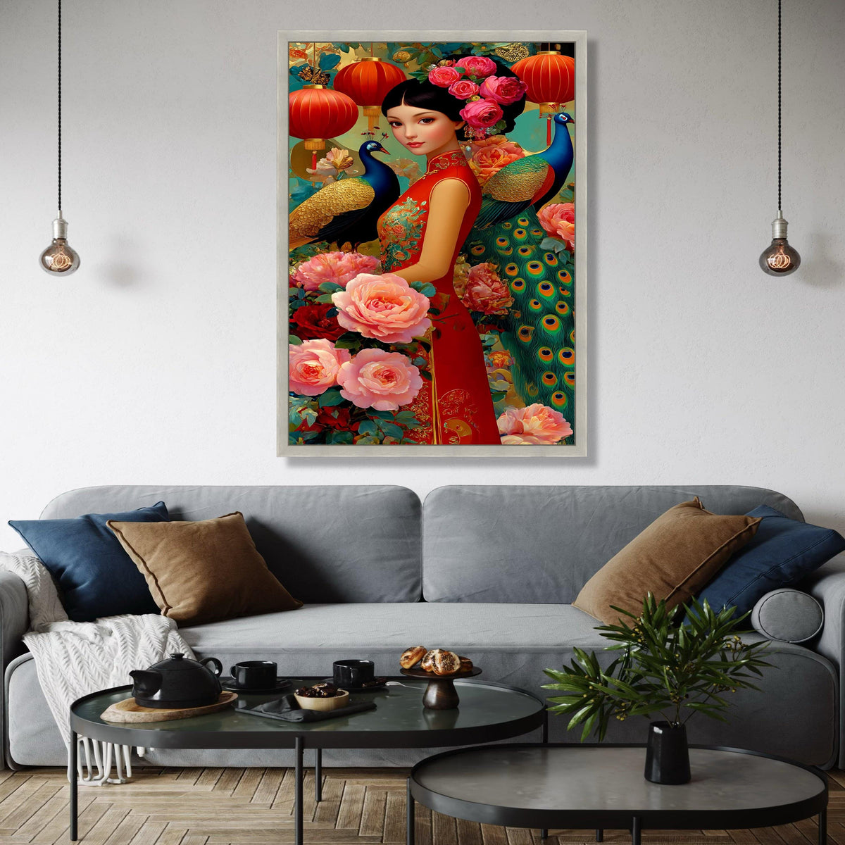 Elegant Asian Woman in Red Qipao, Peony Flowers and Peacock Canvas, Chinese Lanterns Wall Art, Floral Oriental Gift Art, Home Decor, Print