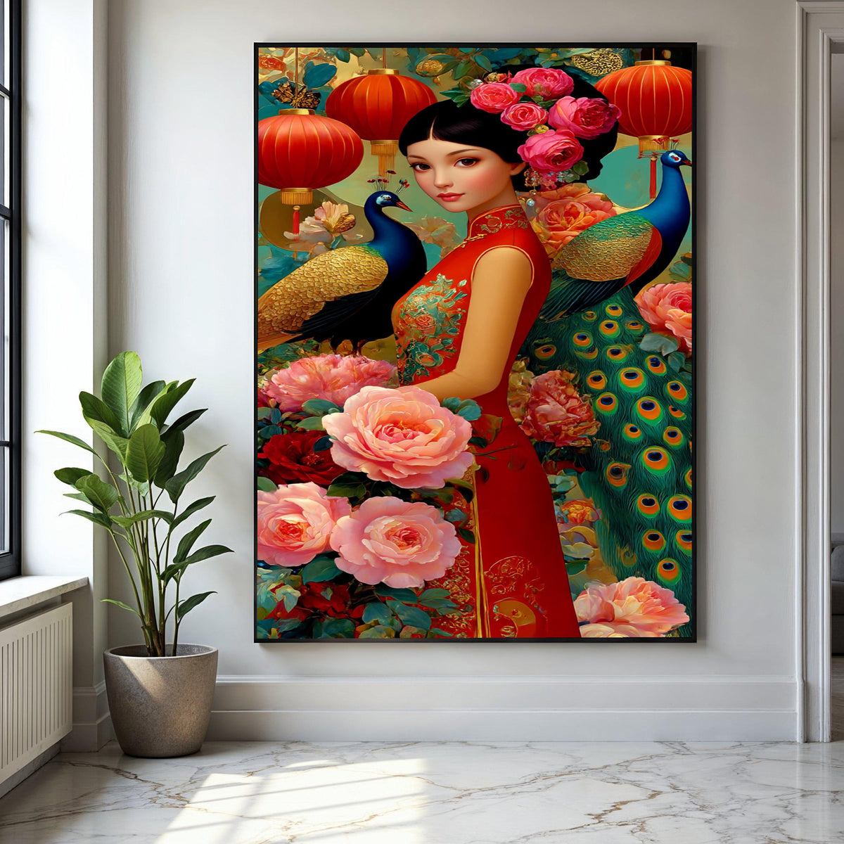 Elegant Asian Woman in Red Qipao, Peony Flowers and Peacock Canvas, Chinese Lanterns Wall Art, Floral Oriental Gift Art, Home Decor, Print