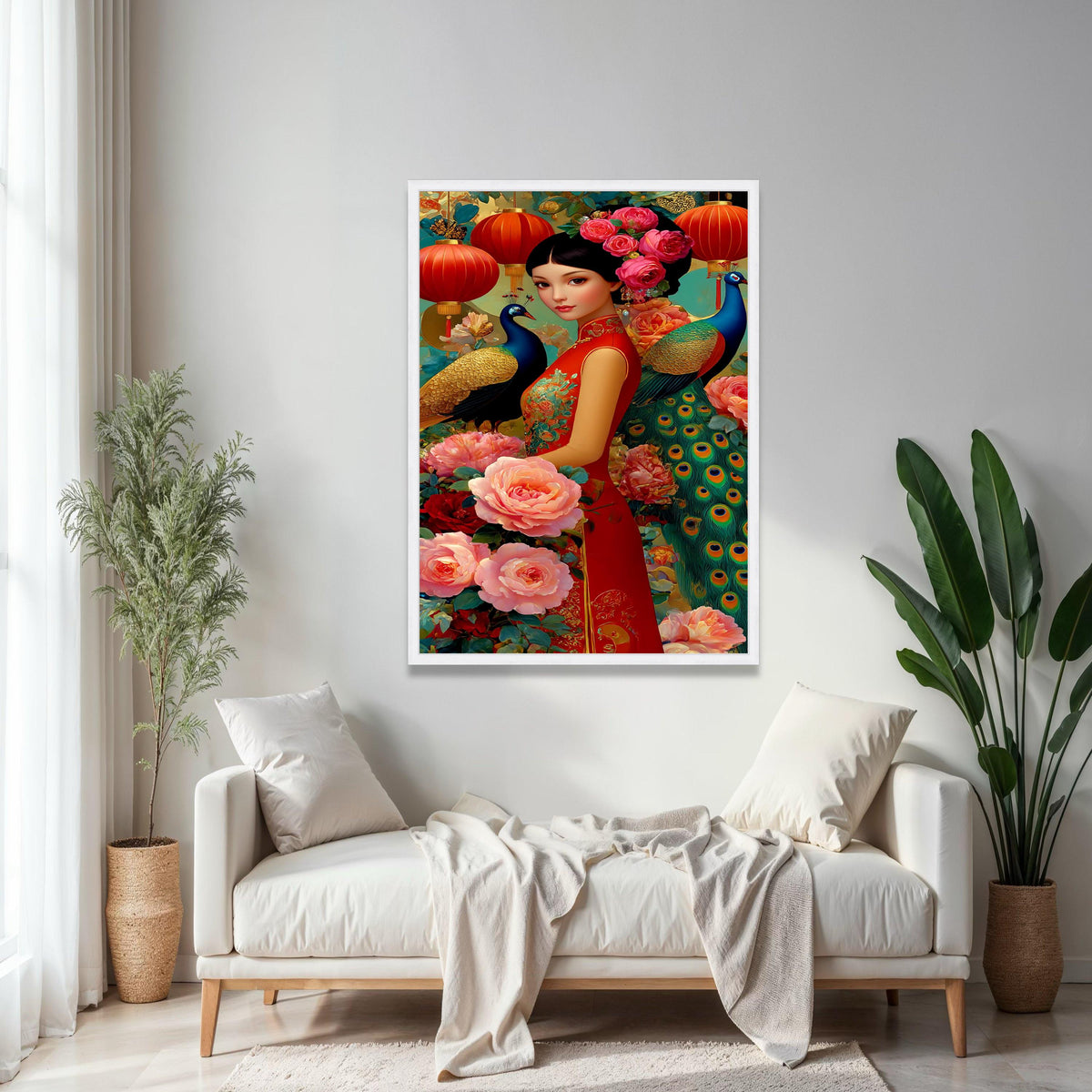 Elegant Asian Woman in Red Qipao, Peony Flowers and Peacock Canvas, Chinese Lanterns Wall Art, Floral Oriental Gift Art, Home Decor, Print