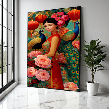 Elegant Asian Woman in Red Qipao, Peony Flowers and Peacock Canvas, Chinese Lanterns Wall Art, Floral Oriental Gift Art, Home Decor, Print