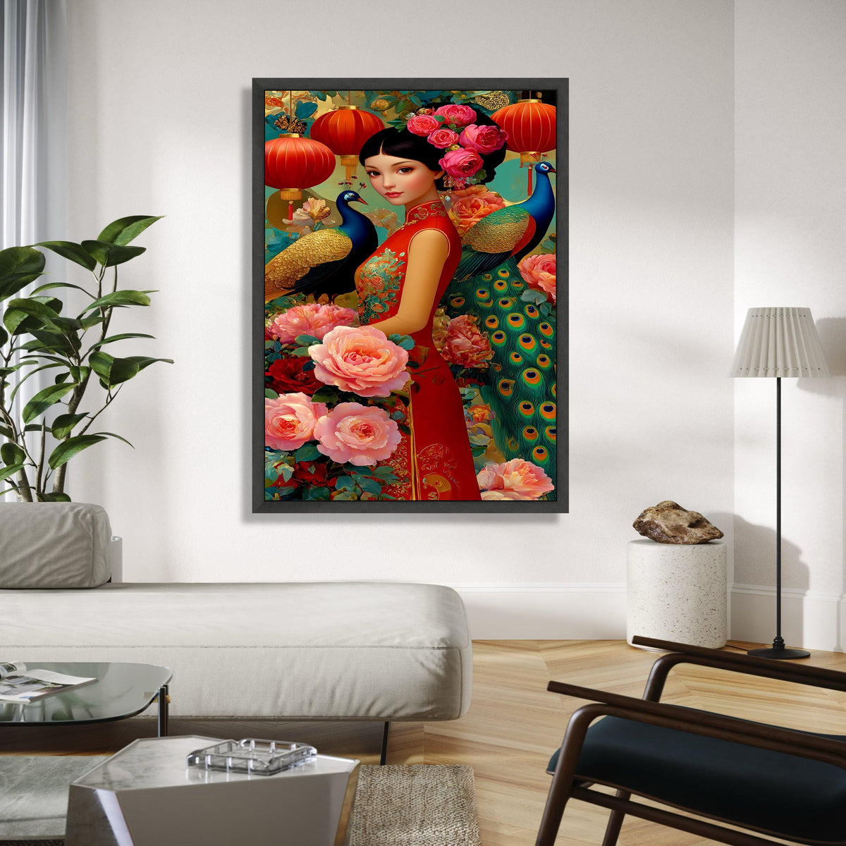 Elegant Asian Woman in Red Qipao, Peony Flowers and Peacock Canvas, Chinese Lanterns Wall Art, Floral Oriental Gift Art, Home Decor, Print