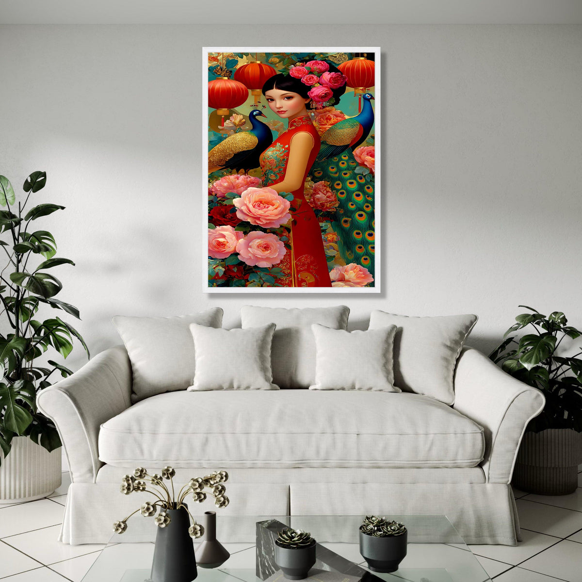 Elegant Asian Woman in Red Qipao, Peony Flowers and Peacock Canvas, Chinese Lanterns Wall Art, Floral Oriental Gift Art, Home Decor, Print
