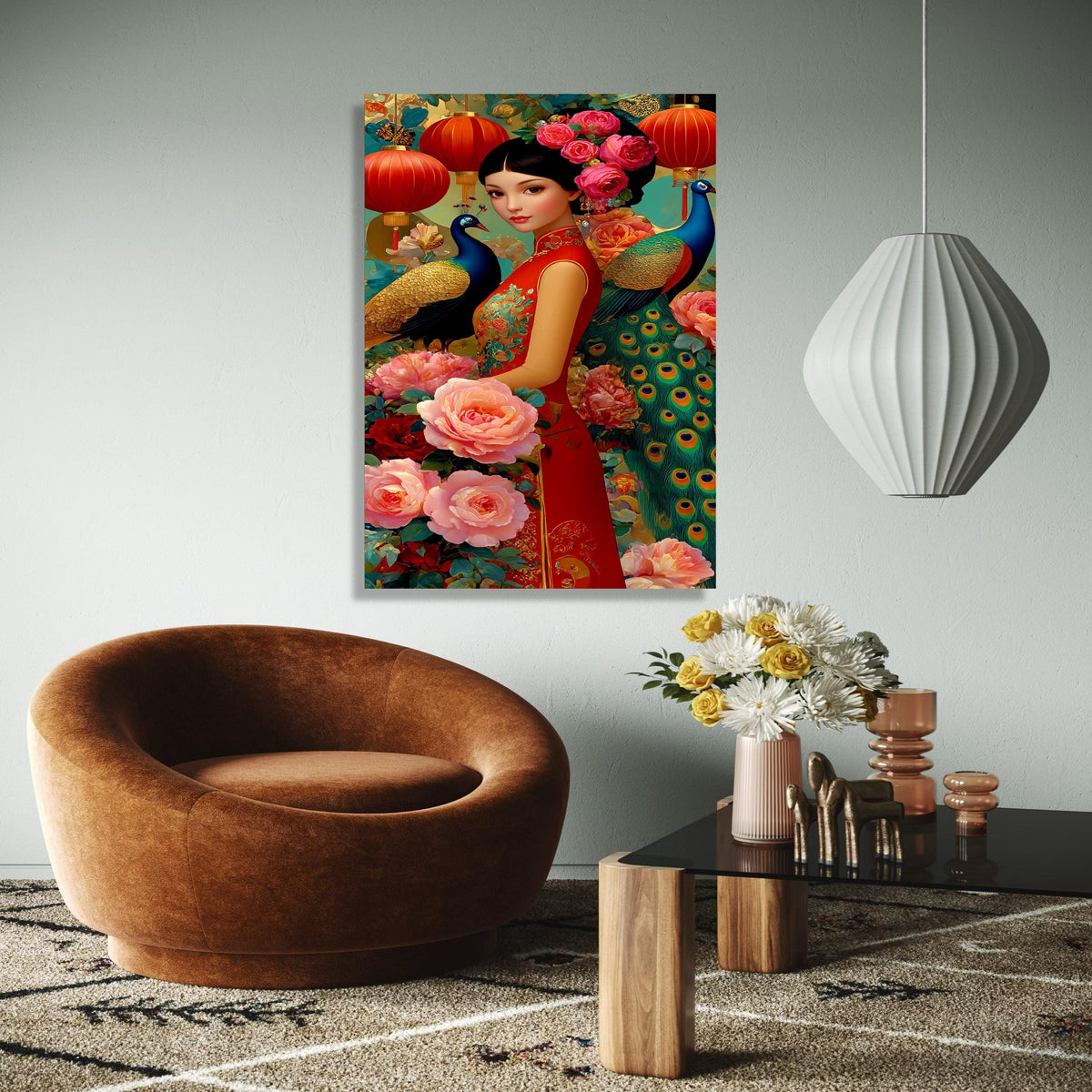 Elegant Asian Woman in Red Qipao, Peony Flowers and Peacock Canvas, Chinese Lanterns Wall Art, Floral Oriental Gift Art, Home Decor, Print
