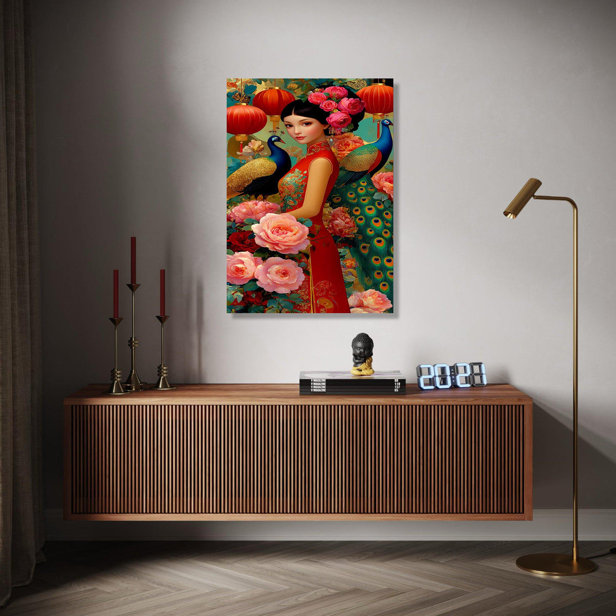 Elegant Asian Woman in Red Qipao, Peony Flowers and Peacock Canvas, Chinese Lanterns Wall Art, Floral Oriental Gift Art, Home Decor, Print
