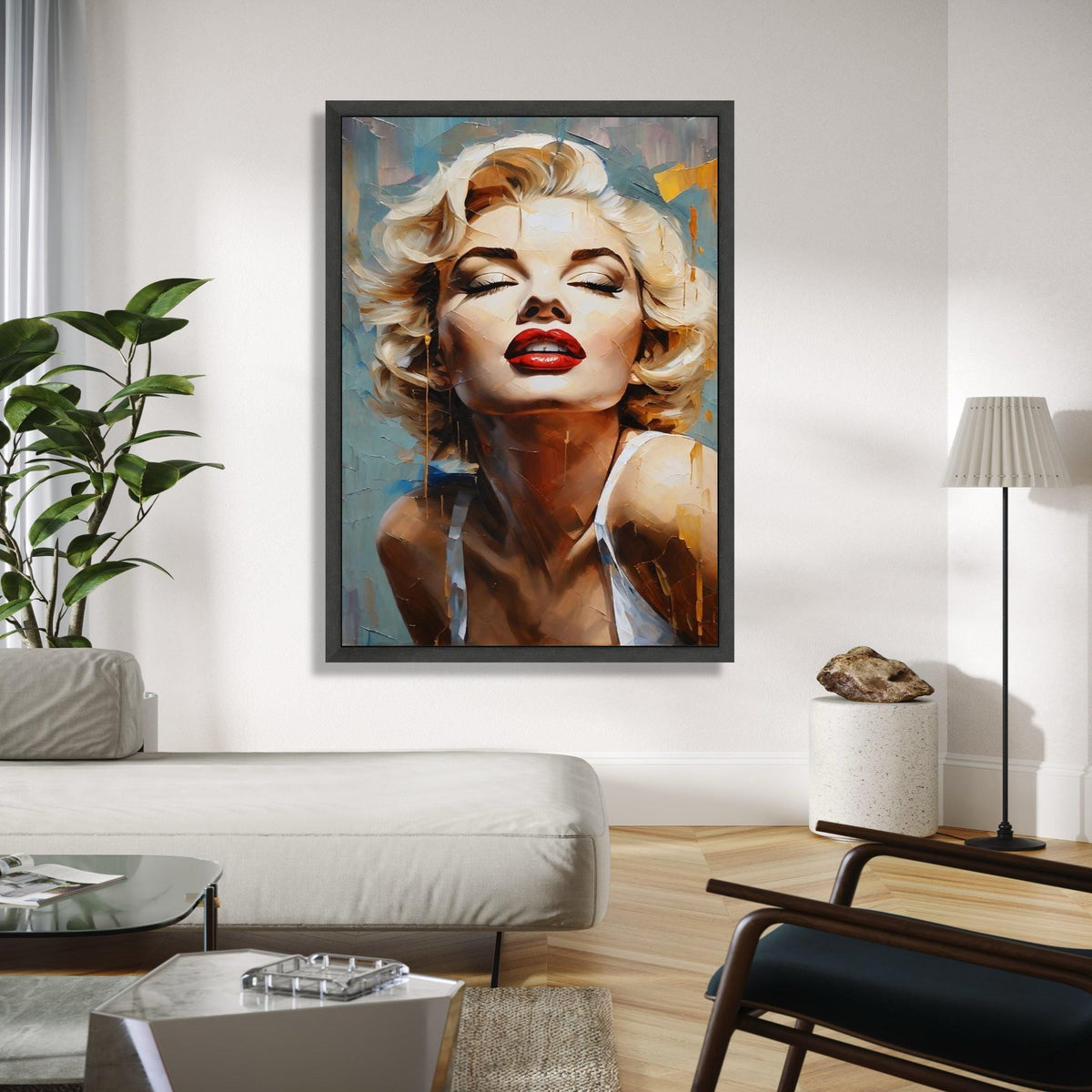 Glamorous Retro Portrait Canvas, Marilyn Monroe Style Wall Art, Vintage Hollywood Glamour Painting, Red Lips Gift Art, Home Decor, Print