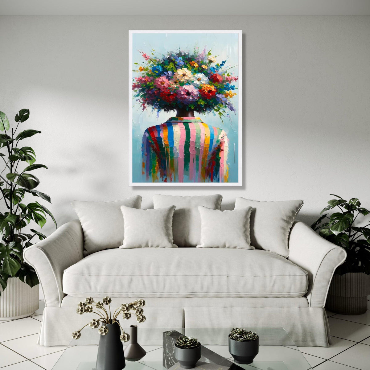 Colorful Abstract Floral Head Canvas, Modern Figurative Wall Art, Vibrant Flower Bouquet Painting, Contemporary Gift Art, Home Decor, Print
