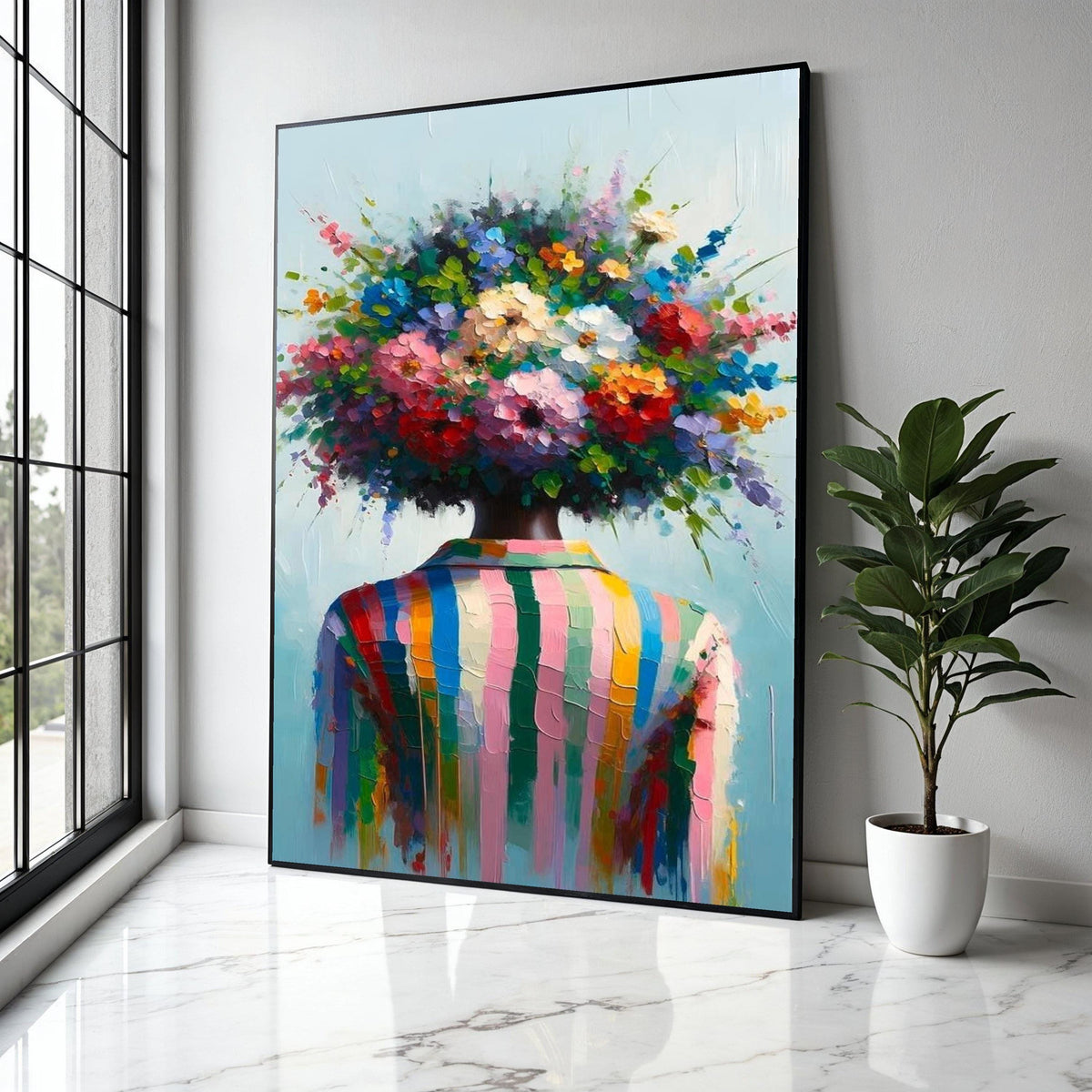 Colorful Abstract Floral Head Canvas, Modern Figurative Wall Art, Vibrant Flower Bouquet Painting, Contemporary Gift Art, Home Decor, Print
