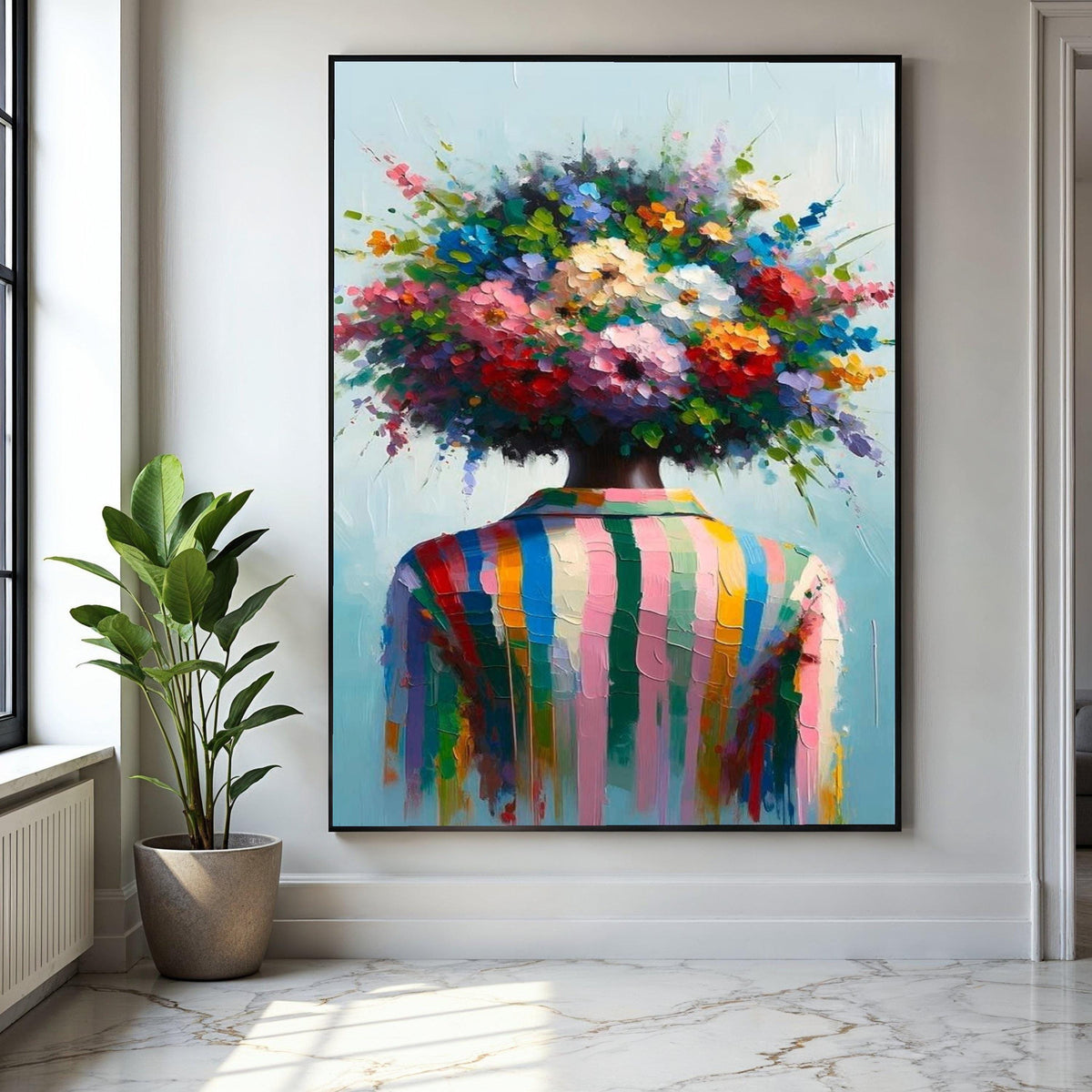 Colorful Abstract Floral Head Canvas, Modern Figurative Wall Art, Vibrant Flower Bouquet Painting, Contemporary Gift Art, Home Decor, Print