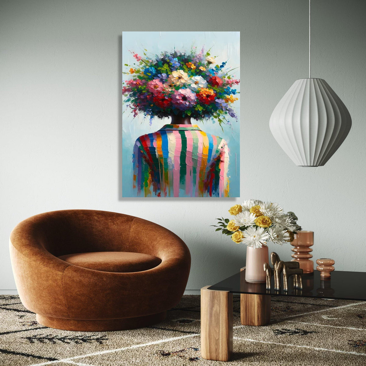Colorful Abstract Floral Head Canvas, Modern Figurative Wall Art, Vibrant Flower Bouquet Painting, Contemporary Gift Art, Home Decor, Print