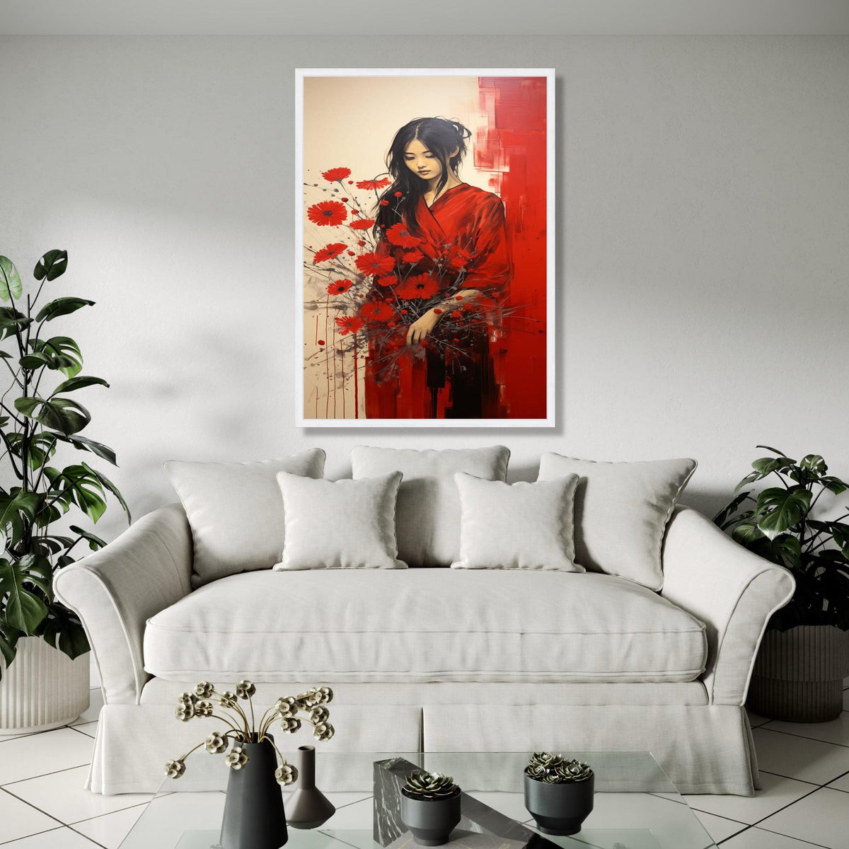 Elegant Woman with Red Flowers Canvas, Feminine Portrait Wall Art, Modern Floral Painting, Contemporary Canvas Gift Art, Home Decor, Print