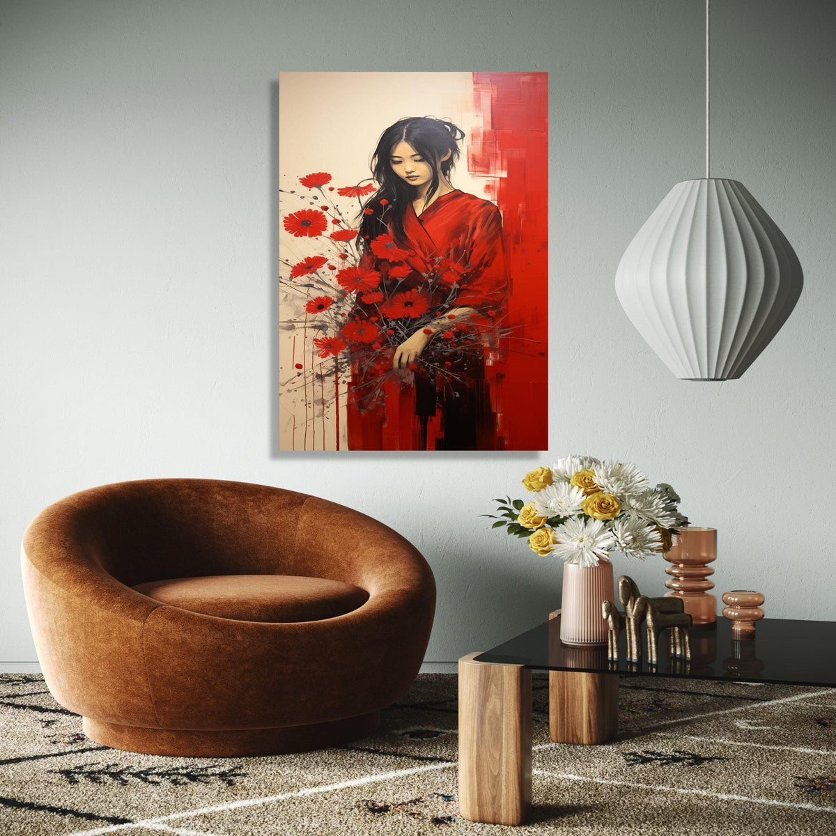 Elegant Woman with Red Flowers Canvas, Feminine Portrait Wall Art, Modern Floral Painting, Contemporary Canvas Gift Art, Home Decor, Print